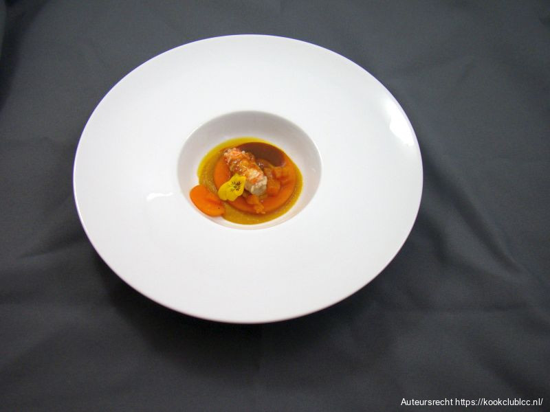 Geroosterde langoustines met crème van flespompoen, ponzu en vadouvan