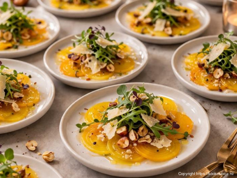 Carpaccio van gele biet met hazelnoot en oude kaas